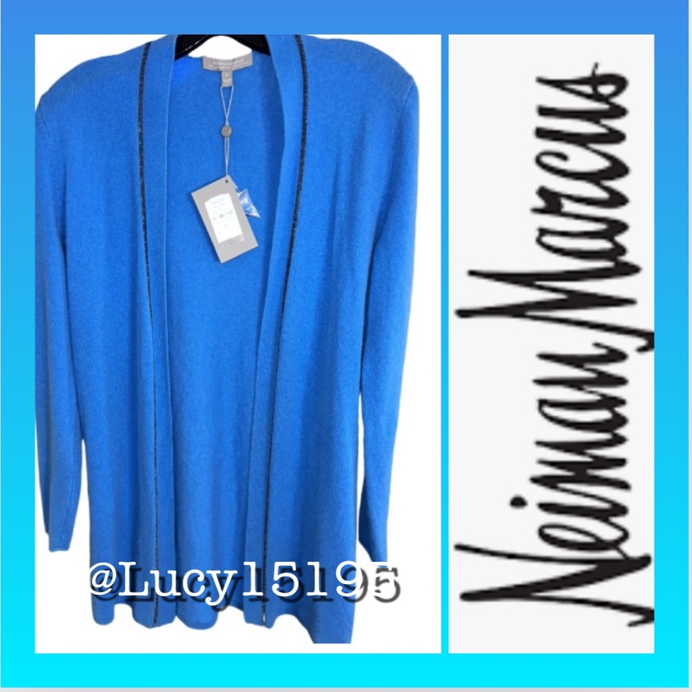Neiman Marcus Collection Blue Cashmere & Black Beaded Open Long Cardigan
